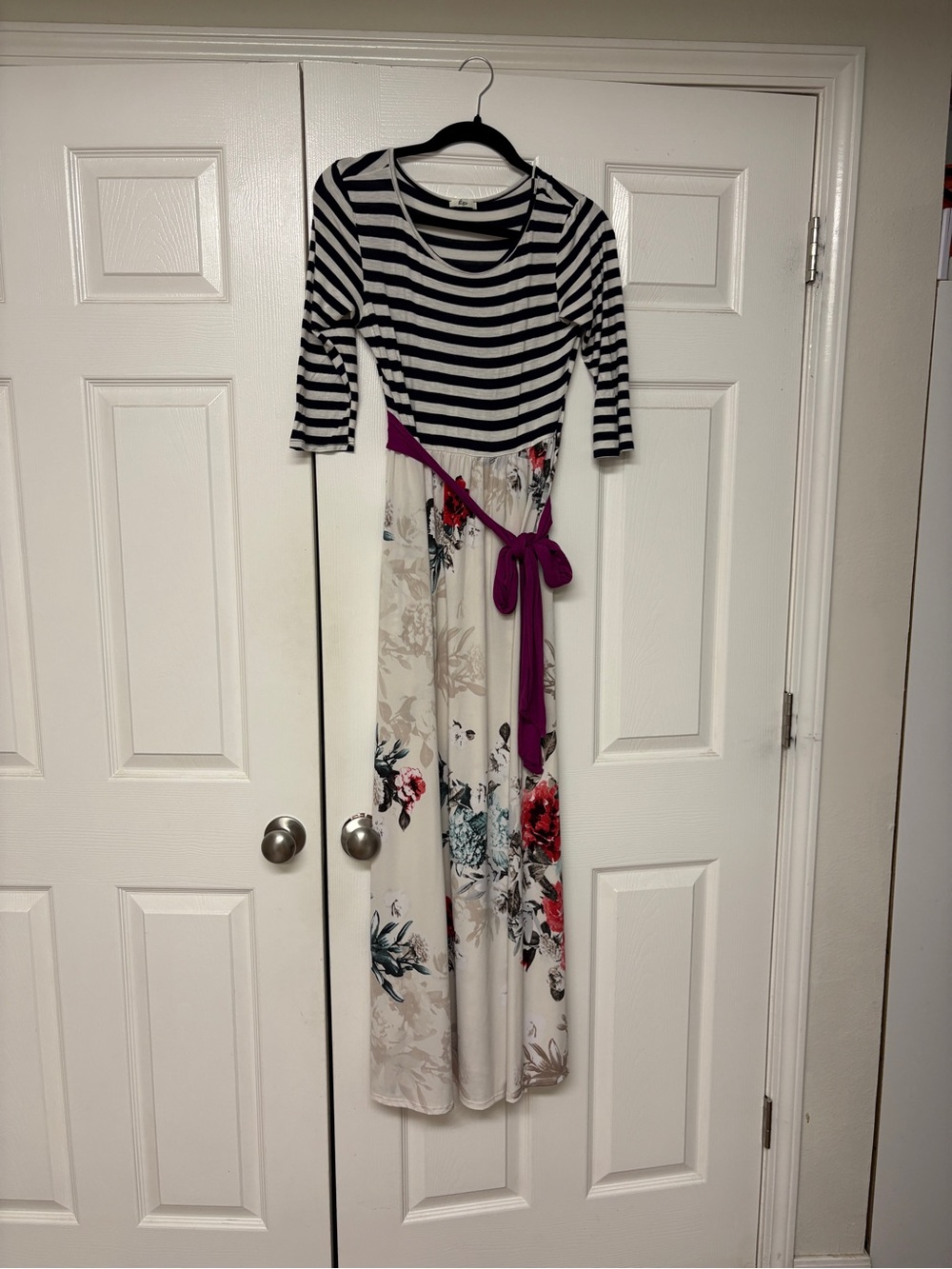 Striped Black & White Maxi Dress with Floral Skirt and Purple Tie